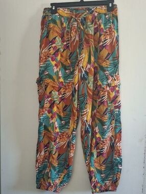 Panama JackTropical Print Cargo Jogger Pants - Teal & Mustard
